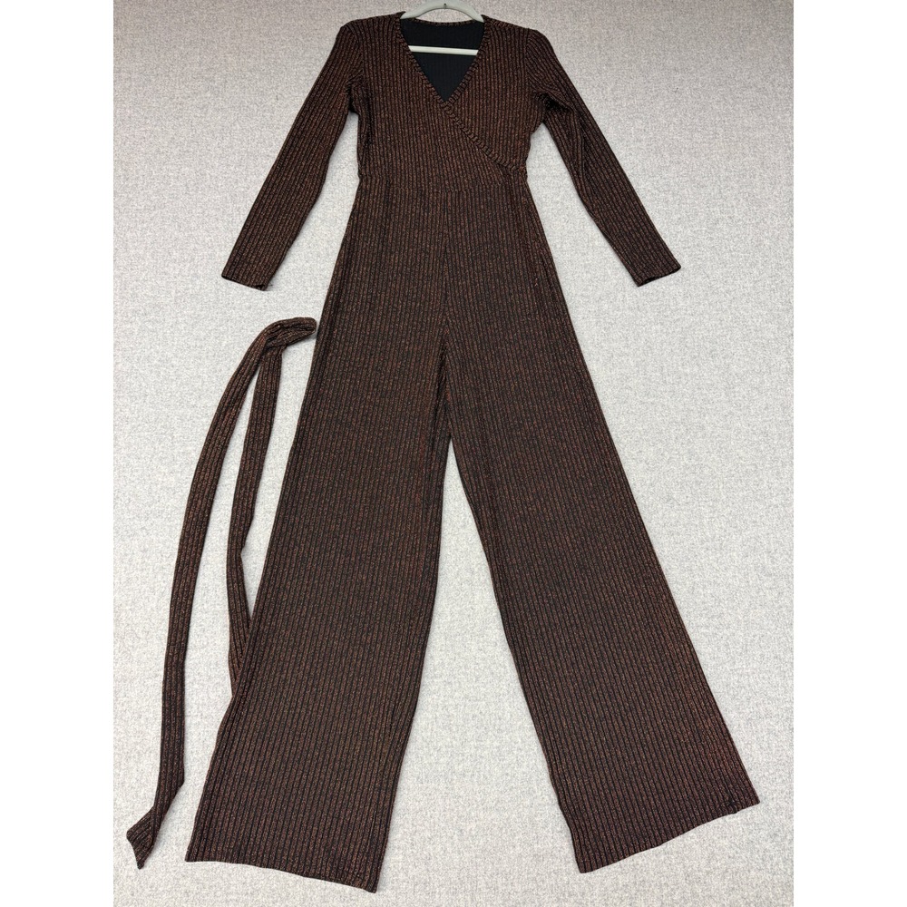 Unbranded Long Sleeve Metallic Ribbed Jumpsuit S Bronze Black Wide Leg V-Neck
